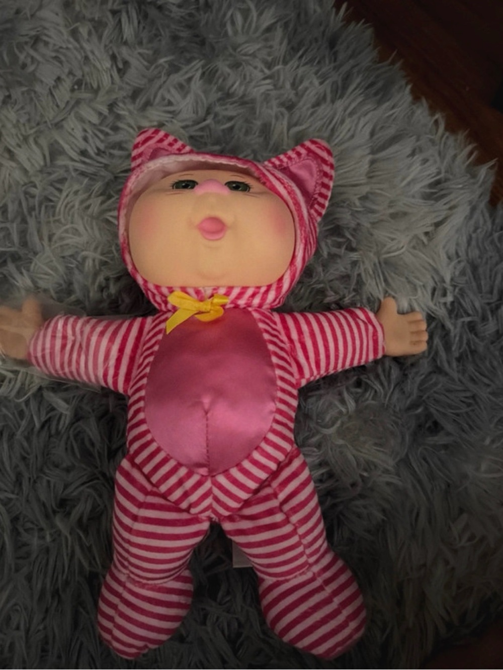 Pink Striped Baby Doll in Cat-Eared Costume - Soft Plush Toy